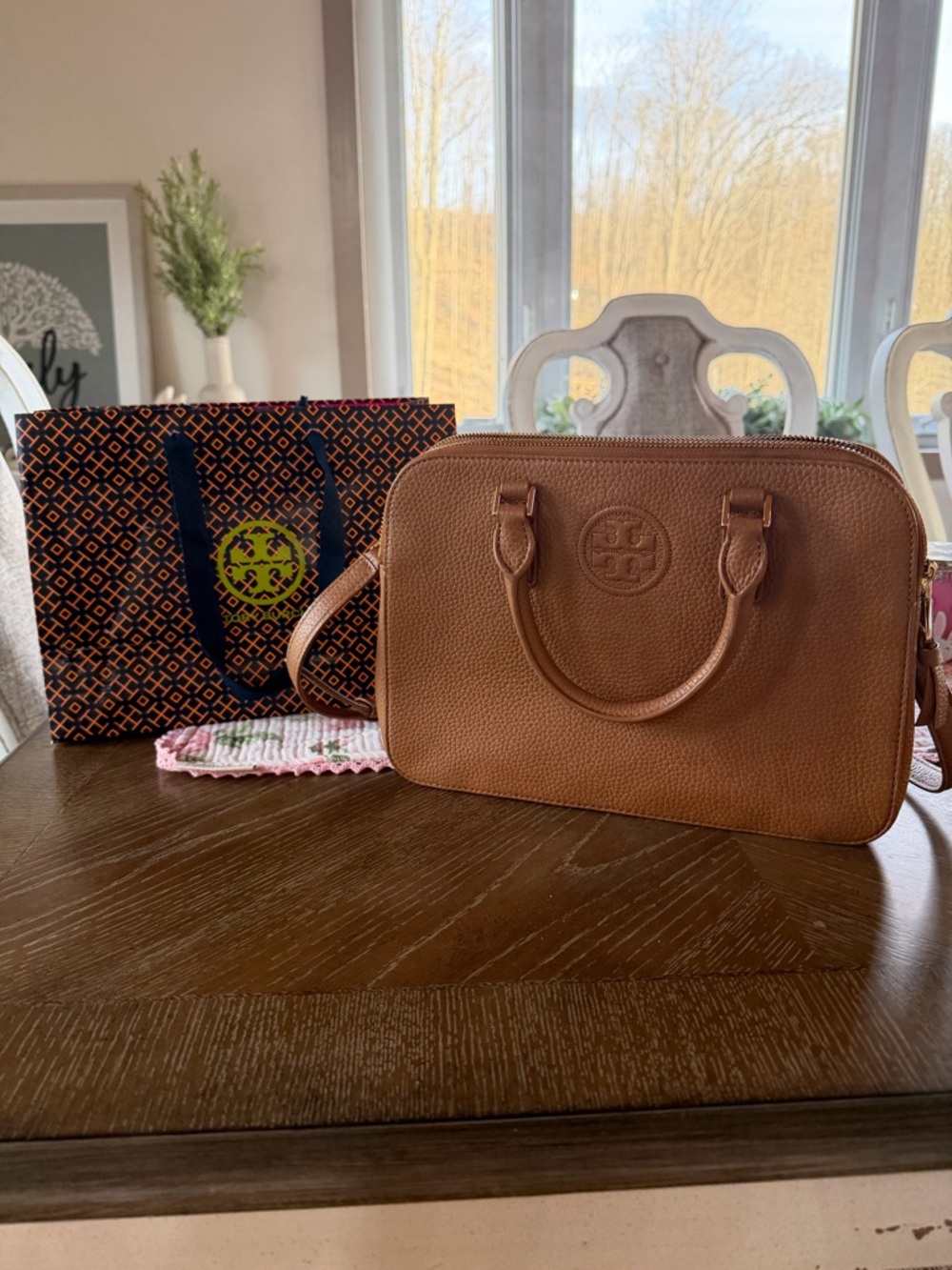 Tory Burch Tan Pebbled Leather Satchel with Detachable Strap size is 11L 8T
